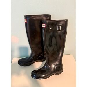 Hunter Women's Rain Boots Black Tall Gloss Adjustable Buckle Size US 6